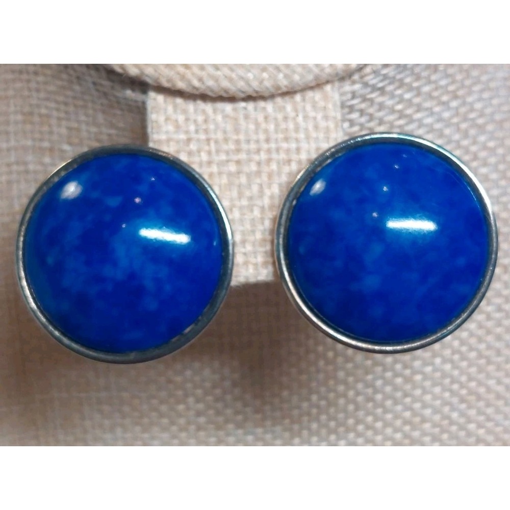 Vintage Ellen Designs Blue Cabochon Clip On Earrings Silver Tone Round Statement